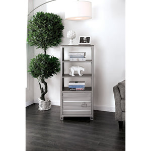 Benzara Metal Left Pier Cabinet with Three Shelves and Right Handled Door Storage, Silver BM187139 Silver Metal BM187139