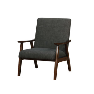 Benzara Fabric Upholstery Accent Chair with Wooden Curved Arms and Slanted Feet, Dark Gray and Brown BM187142 Gray and Brown Wood and Fabric BM187142