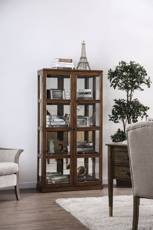 Benzara Transitional Wooden Curio Cabinet with Two Glass Doors and Four Shelves, Oak Brown BM187168 Brown Wood and Glass BM187168