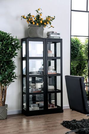 Benzara Transitional Wooden Curio Cabinet with Two Glass Doors and Four Shelves, Black BM187169 Black Wood and Glass BM187169