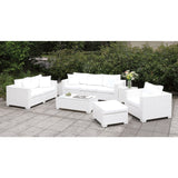 Benzara Aluminum Frame Rectangular Coffee Table with Woven Wicker Base and Glass On Top, White BM187199 White Aluminum Wicker Wood and Glass BM187199