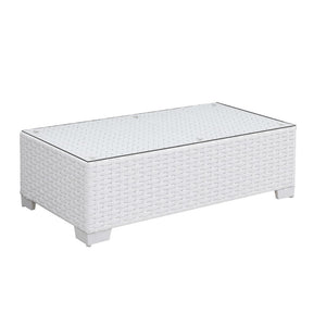 Benzara Aluminum Frame Rectangular Coffee Table with Woven Wicker Base and Glass On Top, White BM187199 White Aluminum Wicker Wood and Glass BM187199