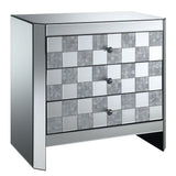 Benzara Three Drawer Mirrored End Table with Checkered Front Panel, Silver BM187223 Silver Glass and Mirror BM187223