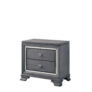 Benzara Mirror Trim Accented Two Drawer Solid Wood Nightstand with Bracket Feet, Light Gray BM187233 Gray Solid Wood and Metal BM187233