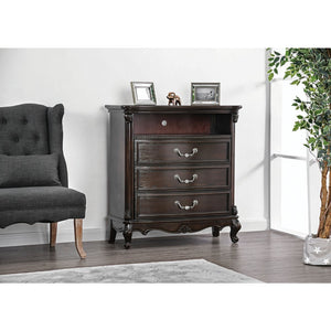 Benzara Three Drawer Solid Wood Media Chest with Open Shelf and Scrolled Legs, Brown BM187261 Brown Wood Veneer Solid Wood and Metal BM187261