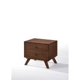 Two Drawer Nightstand with Rod-Shaped Pull and Tapered Feet, Walnut Brown