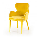 Benzara Fabric Upholstered Wing Back Design Dining Chair with High Curvy Arms, Yellow BM187463 Yellow Fabric and Metal BM187463