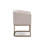 Benzara Fabric Upholstered Dining Chair with Cantilever Steel Base, White and Gold BM187480 White and Gold Metal and Fabric BM187480