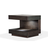 Benzara Squared C Shaped Wooden Nightstand with Touch Sensor LED Light, Brown BM187488 Brown Wood BM187488