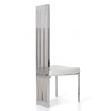 Benzara Leatherette Upholstered Dining Chair with Vertical Slat Back Design, White and Silver BM187495 Silver and White Metal and faux Leather BM187495