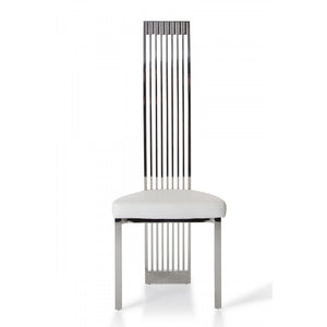 Benzara Leatherette Upholstered Dining Chair with Vertical Slat Back Design, White and Silver BM187495 Silver and White Metal and faux Leather BM187495