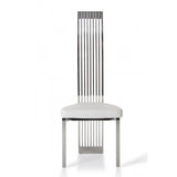 Leatherette Upholstered Dining Chair with Vertical Slat Back Design, White and Silver