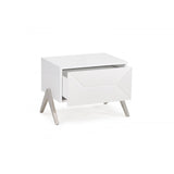 Benzara Wooden Nightstand with One Drawer and Inverted V shaped Steel Legs, White and Silver BM187497 White and Silver Wood and Stainless Steel BM187497