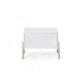 Wooden Nightstand with One Drawer and Inverted V shaped Steel Legs, White and Silver