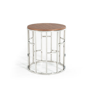 Benzara Wood and Stainless Steel End Table with Geometric Style Base, Brown and Silver BM187527 Brown and Silver Wood and Stainless Steel BM187527