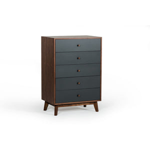 Benzara Spacious Five Drawers Wooden Chest with Flared Legs, Brown and Gray BM187578 Brown and Gray Wood and Metal BM187578