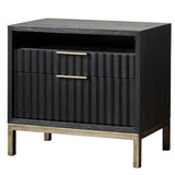Benzara Wood and Metal Nightstand with Scalloped Drawer Fronts, Black and Brass BM187643 Black and Brass Wood & Metal BM187643