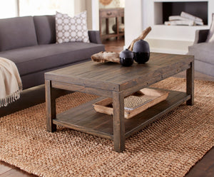 Benzara Wooden Coffee Table with One Shelf, Taupe Brown BM187671 Brown Reclaimed wood and Pine Wood BM187671