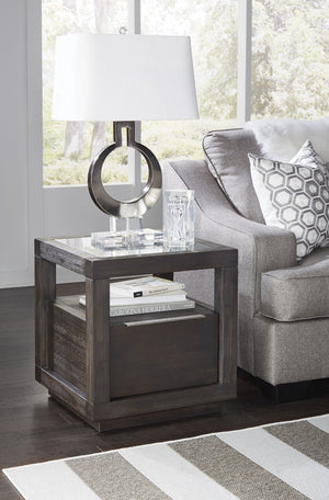 Benzara Acacia Wood End Table with Glass Insert Tabletop, Gray BM187682 Gray Acacia Wood BM187682