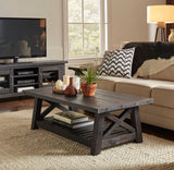 Benzara Pine Wood Coffee Table with Exposed Hardware, Brown BM187685 Brown Pine Wood BM187685