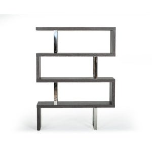 Benzara Maze Shape Modern Style Wooden Bookcase with Steel Support, Gray And Silver BM187726 Gray and Silver Wood and Stainless Steel BM187726