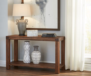 Benzara Rectangular Console Table with Tenon Corner Joints and Bottom Shelf , Brick Brown BM187772 Brown Solid Acacia Wood BM187772