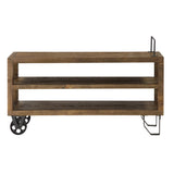 Benzara Two Tier  Pine Wood Media Console with Metal Base, Russet Brown BM187812 Brown Wood Metal BM187812