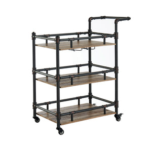 Benzara Rustic Three Tier Wood and Metal Serving Cart, Black and Brown BM188330 Black and Brown Wood and Metal BM188330