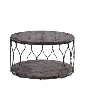 Benzara Industrial Style Round Metal and Solid Wood Coffee Table with Open Bottom Shelf, Gray and Brown BM188342 Gray and Brown Metal Solid Wood and Wood Veneer BM188342