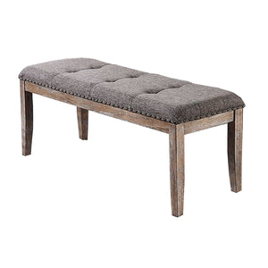 Benzara Rectangular Shaped Solid Wood and Fabric Upholstered Bench with Nail head Trims , Brown and Gray BM188360 Brown and Gray Solid Wood and Fabric BM188360