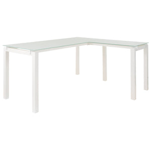 Benzara Metal L Shape Desk with Frosted Glass Top and Block Legs, White BM190070 White Metal BM190070