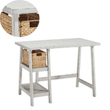 Benzara Distressed Wooden Desk with Two Display Shelves and Trestle Base, Small, White BM190073 White Wood BM190073