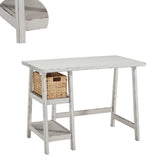 Benzara Distressed Wooden Desk with Two Display Shelves and Trestle Base, Small, White BM190073 White Wood BM190073