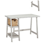 Benzara Distressed Wooden Desk with Two Display Shelves and Trestle Base, Small, White BM190073 White Wood BM190073