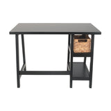 Benzara Distressed Wooden Desk with Two Display Shelves and Trestle Base, Small, Black BM190074 Black Wood BM190074