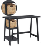 Benzara Distressed Wooden Desk with Two Display Shelves and Trestle Base, Small, Black BM190074 Black Wood BM190074