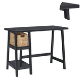 Benzara Distressed Wooden Desk with Two Display Shelves and Trestle Base, Small, Black BM190074 Black Wood BM190074