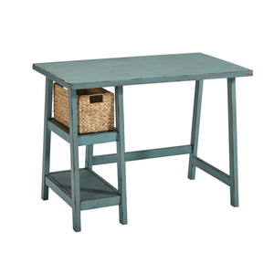 Benzara Distressed Wooden Desk with Two Display Shelves and Trestle Base, Small, Teal Blue BM190075 Blue Wood BM190075