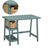 Benzara Distressed Wooden Desk with Two Display Shelves and Trestle Base, Small, Teal Blue BM190075 Blue Wood BM190075