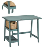 Benzara Distressed Wooden Desk with Two Display Shelves and Trestle Base, Small, Teal Blue BM190075 Blue Wood BM190075