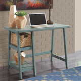 Benzara Distressed Wooden Desk with Two Display Shelves and Trestle Base, Small, Teal Blue BM190075 Blue Wood BM190075