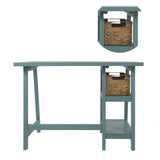 Benzara Distressed Wooden Desk with Two Display Shelves and Trestle Base, Small, Teal Blue BM190075 Blue Wood BM190075