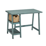 Distressed Wooden Desk with Two Display Shelves and Trestle Base, Small, Teal Blue