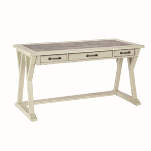 Benzara Three Drawers Wooden Desk with Faux Cement Top and Trestle Base, White and Gray BM190082 White and Gray Wood BM190082