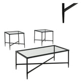 Benzara Metal Framed Table Set with Glass Top and Cross Bar Stretcher, Set of Three, Black and Clear BM190097 Black and Clear Metal BM190097