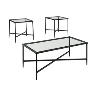 Benzara Metal Framed Table Set with Glass Top and Cross Bar Stretcher, Set of Three, Black and Clear BM190097 Black and Clear Metal BM190097
