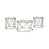 Benzara Hexagonal Design Metal Framed Table Set with Inserted Glass Top, Set of Three, Silver and Clear BM190099 Silver and Clear Metal BM190099