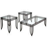 Benzara Glass Inserted Metal Table Set with Tubular Framing, Set of Three, Black and Clear BM190104 Black and Clear Metal BM190104