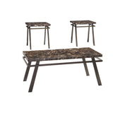 Benzara Faux Marble Top Table Set with Flared Metal Legs, Set of Three, Brown and Black BM190105 Brown and Black Metal BM190105