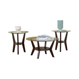 Benzara Round Wooden Table Set with Glass Top and Lower Shelf, Set of Three, Brown and Clear BM190111 Brown and Clear Wood BM190111